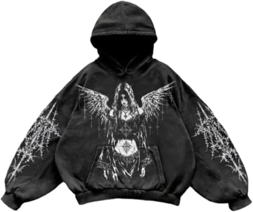 Image of Suncadmious Men's Women's Y2K Vintage Skull Print Casual Hoodie College Style Gothic Long Sleeve Hoodie Loose Oversized Street Retro Couple Sweatshirt (Black 4,XXL)