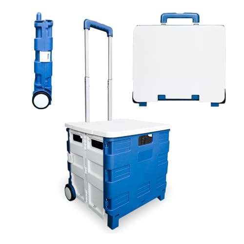 Image of Berry 40L Foldable Shopping Trolley - Blue and White, Plastic Trolley Cart with 2 Wheels and Lid, Portable Cart with Telescopic Handle, Multipurpose Utility Cart for Shopping, Teacher, Laundry