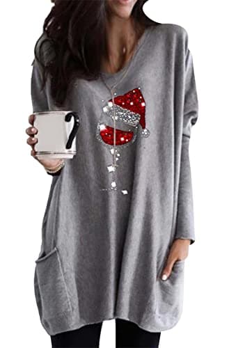 Image of YMING Women O-Neck Jumpers Wine Cup Printed Top Long Sleeve Christmas Pullover Light Grey 3XL