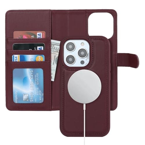 Image of Zouzt for iPhone 13 Pro 6.1 Inch Detachable Wallet Case with Card Holder for MagSafe, Premium PU Leather 2 in 1 Flip Folio Book Magnetic Stand Protective Phone Cover for iPhone 13 Pro - Burgundy