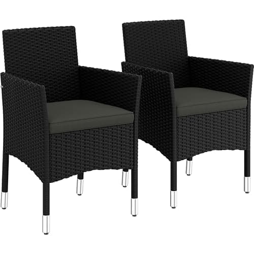Image of Yaheetech Rattan Garden Chairs Set of 2, Outdoor Garden Armchairs with Cushions, Armrests, High Backrest, Handwoven Rattan for Patio, Garden, Balcony, Black/Gray