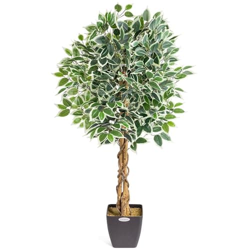 Image of CHRISTOW Artificial Ficus Tree, Fake Weeping Fig House Plant for Home Decoration, Lifelike Variegated Leaves, Natural Wooden Trunk with Twists, Weighted Pot, Indoor Outdoor (120cm / 4ft)