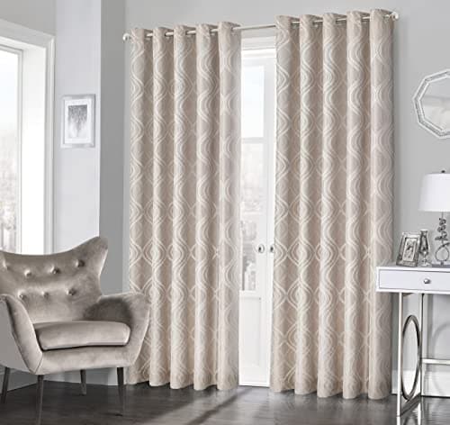 Image of Intimates Luxury Jacquard Ring Top Eyelet Geometric Swirl Pattern Curtain Pair Fully Lined (Beige, 66" Wide x 54" Drop)