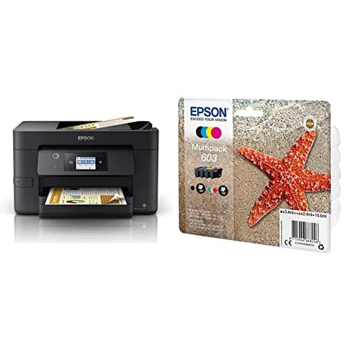 Image of Epson WorkForce WF-3820 All-in-One Wireless Colour Printer with Scanner, Copier, Fax, Ethernet, Wi-Fi Direct and ADF, Black 603 Starfish Genuine Multipack, 4-Colours Ink Cartridges