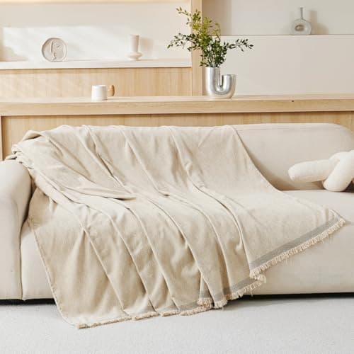 Image of VANJOROY 100% Chenille Natural Sofa Large Throw Blanket For Single Seater -Throws for Armchair, Luxury Soft Throw for Chair Couch and Bed, Cream Beige-130 x 180cm