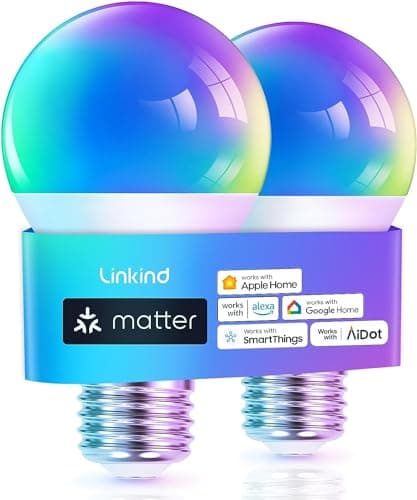 Image of Linkind Matter Smart RGBTW Bulb, E27 Smart Bulb, Smart LED Light Bulbs Screw, 9W, 806lm, Smart Led Bulb with Music Sync,Works with Apple Home/Siri/Google Home/Alexa/SmartThings, 2 Pack