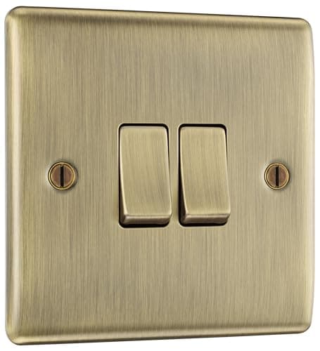 Image of BG Electrical Double Wall Light Switch, 2 Way, Raised and Slim Profile, Round Edges, Nexus Metal, Antique Brass, 20A, 16AX, NAB42