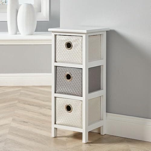 Image of Home Source Storage Chest, Wooden Bedroom Hallway Cabinet, Faux Leather Drawers Organiser, White, 3 Drawer