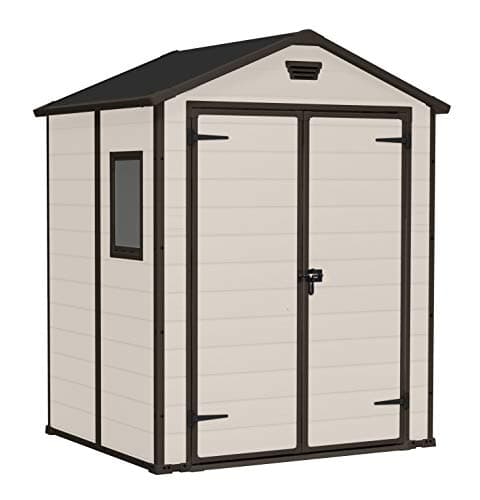 Image of Keter, Manor Apex 6 x 5 ft Outdoor Garden Storage Shed, elegant wood-effect double door design for easy access, durable fade-free resin with window and floor panel for secure storage, Beige and Brown
