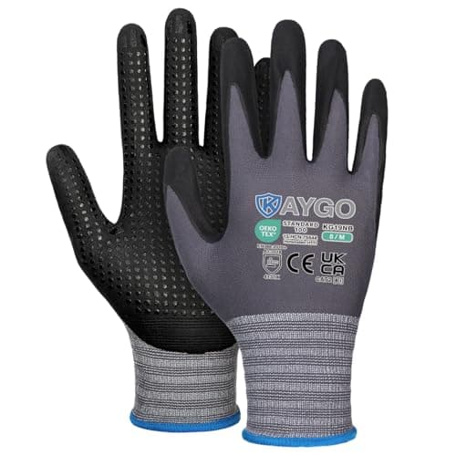 Image of KAYGO Work Gloves with Grip Dots on Palm for Anti-Slip 3 Pairs, KG19N, MicroFoam Nitrile Coated Light Oil Compatible, Seamless Knit Nylon Safety Work Gloves for Warehouse, Automotive, DIY (Grey, M)