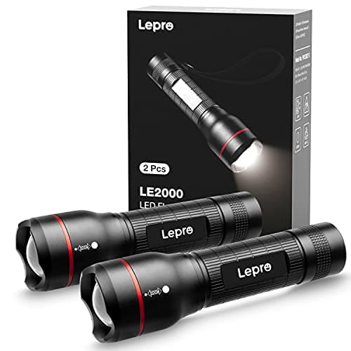 Image of Lepro LED Torch 2 Pack - Super Bright, 5 Modes, Zoomable & Water Resistant - Small, AAA Battery Powered (Not Included) Flashlight for Camping, Power Cuts, Dog Walking & Gift