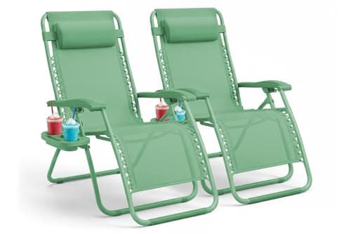 Image of KEPLIN Set of 2 Heavy Duty Zero Gravity Chairs – Padded Garden Recliners with Locking System, 160° Recline, Adjustable Pillow, Removable Tray with Cup & Phone Holders, 110kg Capacity (Green)