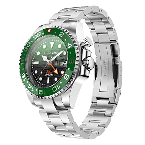 Image of T-ENGINE GMT Watches for Men with 10 ATM Waterproof, Dual Time Track Automatic Charged Wrist Watch, Stainless Steel 43mm Quartz Watch for Men, Silver+Black-Green Dial, GMT Quartz Watches