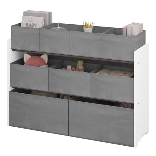 Image of Lestarain Kids Storage Unit with 9 Toy Boxes, Nursery Toy Organiser for Playroom Bedroom Kindergarten, White+Grey, MDF+Fabric, 92x30x60/68cm
