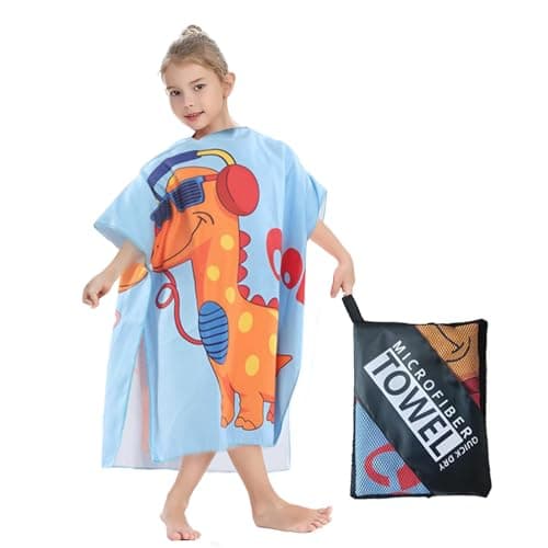 Image of COSORO Dinosaur Hooded Poncho Towel for Kids,60x90cm Sand Free Quick Dry Thin Microfibre Beach With Bag,Dino Swimming Warm Wrap Changing Robe Bath,Childs Travel for Girls Boys Age 2-6