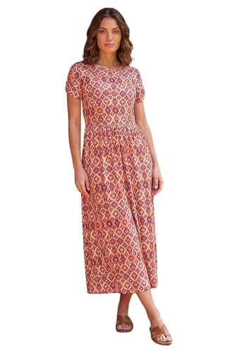 Image of Roman Midi Dress with Pockets for Women UK Ladies Stretchy Jersey Maxi Long Short Sleeve Elasticated Gathered High Waist Boho Flattering Skater Swing Fit Flare - Petite Abstract Red - Size 14