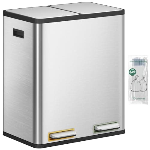 Image of Hzuaneri Kitchen Bin, 2 x 30 L Recycling Bins for Kitchen, Colored Pedal Bin with Lid, Removable Inner Buckets, Stainless Steel Rubbish Bins for Recycling and Waste, for Kitchens, Silver SW23099E