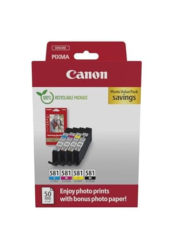 Image of Canon CLI-581 C M Y BK VALUE Pack of 4 cartridges (Black Cyan Magenta Yellow) + 50 sheets of 10x15cm Photo Paper Genuine (Recycled Cardboard Multipack)