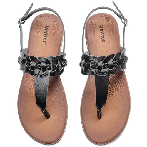 Image of Veittes Women's Casual Flat Slide Sandals - Comfortable Slip-On with Ankle Strap,Round Open Toe lightweight Summer Beach Thong Sandals.(BK/MF,Size 6.5)