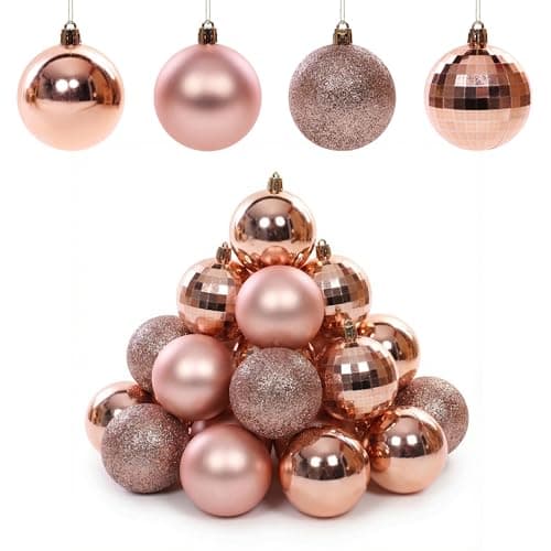 Image of Rose Gold Christmas Baubles 6cm Set of 20 Mixed Style Pack Shatterproof Xmas Tree Decorations Rose Gold Bauble Set for Christmas Tree Décor