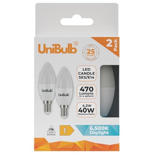 Image of Unibulb E14 SES LED Candle Bulbs, 470 Lumens, Daylight 6500K, 4.2W 40W Equivalent/Replacement, 25,000hr lifespan, Pack of 2