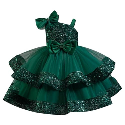 Image of ABEHIK Girls Sleeveless Summer Poncho Dresses Sequin Tulle Dress for Party Flower Girl Birthday Wedding Dress Green 130cm