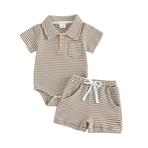 Image of JCOPLY Newborn Baby Boy Summer Outfits Set Waffle Striped Short Sleeve Button Lapel Shirt Romper Tops and Elastic Shorts Sets Infant Two Piece Clothing (Khaki, 0-3 Months)