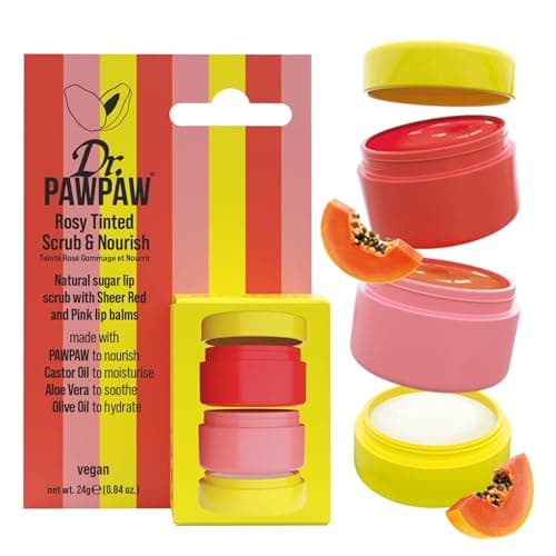 Image of Dr.PAWPAW Scrub and Nourish Rosy Tinted Lip Balm Collection 24g, Natural Sugar Lip Scrub with Pink and Red Tinted Balms, Hydrating Exfoliating Lip Care in Stackable Pot