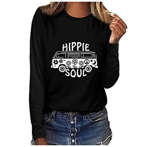 Image of Lazzboy Women Blouse Tops Long Sleeve Casual Solid Letters Slogan Star Print Fit Sweatshirt Pullover Jumper Shirt (L(10),Black -car)