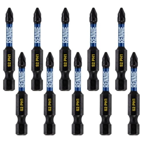 Image of 10 x Rennie Tools 50mm Long PH1 Impact Screwdriver Driver Bits Set. Magnetic Phillips No.1 Heavy Duty Impact Driver Bit Set. PH1 Bits. Hex Shank, Cross Head. Black Oxide Coated