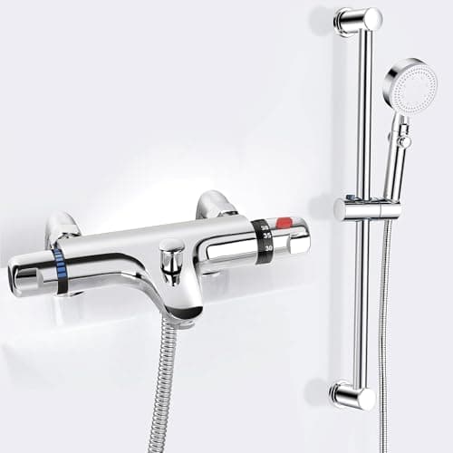 Image of Thermostatic Bath Shower Mixer Tap with Shower Riser Kit, Deck Mounted Bath Shower Mixer Bar Set, Bath Taps with Bathtub Filler Spout, 38°C Anti Scald, Modern Chrome, 180mm