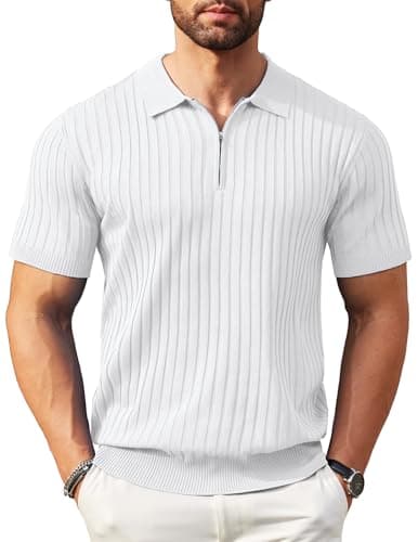 Image of COOFANDY Men's Polos Short Sleeve Zipped Polo Shirts Summer Knit Slim Fit Striped Stretch Golf Polo White L