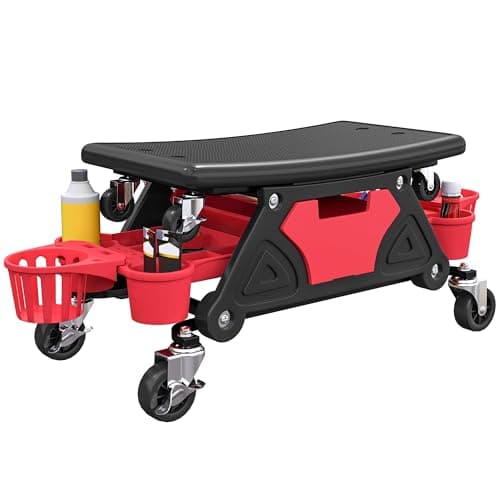 Image of HOMCOM Rolling Mechanic Stool, 135kg Capacity Workshop Stool with 360° Swivel Wheels, Roller Creeper Seat with Slide Out Tool Trays, Drawer, Bottle Holders for Garage, Shop, Auto Repair, Red