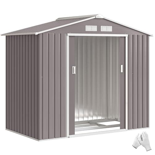 Image of Outsunny 7 x 4ft Metal Garden Shed, Waterproof Outdoor Bike Storage Shed Galvanised with Vents, Foundation Kit, Apex Roof and Lockable Double Doors for Patio Lawn, Grey