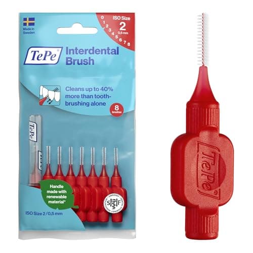 Image of TePe Interdental Brush, Original, Red, 0.5mm/ISO 2, 8pcs, efficient Cleaning Between Teeth, Plaque Remover and Dental flosser for Narrow Gaps