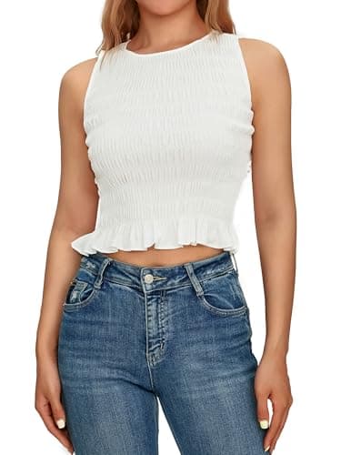 Image of SYHVGI Women Ruffle Hem Cami Vest Shirred Frill Tank Top Y2k Sleeveless Smocked Shirred Crop Tee Shirt Blouse (A-b-White, M)