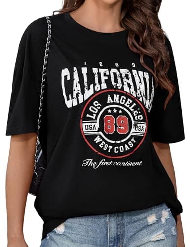 Image of CMTOP Oversized T Shirts Women Crew Neck Short Sleeve Summer Tops Women's Cotton Letter Printed T-Shirts Casual Loose Graphic Tee Shirts Tunic Tops (Black, M)