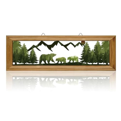 Image of KOYILTD Woodland Bear Wall Decor Rustic Wood Frame Wildlife Wall Art Farmhouse Cabin Decoration Rustic Cabin Decor Bear Decorations for Home Bedroom Living Room Wall Hanging (l)
