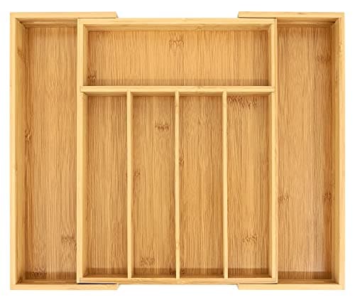Image of VaeFae Bamboo Cutlery Organiser, Expandable Cutlery Tray for Drawer and Utensil Holder, Multi-Function Drawer Storage, 5-7 Compartments