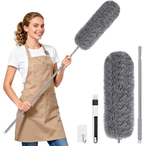 Image of Extendable Feather Duster, Microfibre Dusters for Cleaning, Washable Long Handled Duster with 40-240 cm Telescopic Pole and Groove Brush, for High Ceilings, Household, Cars