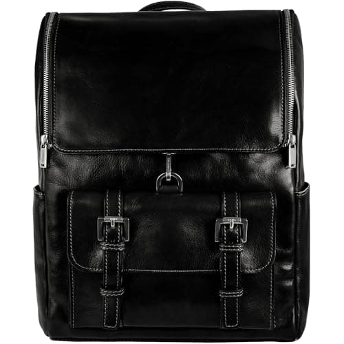 Image of Time Resistance Black Leather Backpack – Fits a Laptop up to 15” - Large Travel Daypack for Men and Women - Unisex Vintage Style Backpack - Full Grain Leather Bag