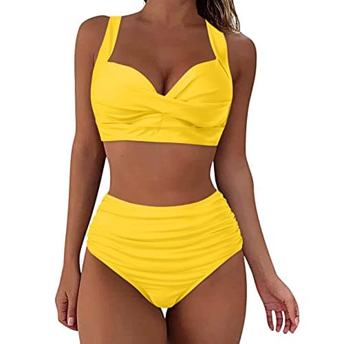 Image of Women's Bikinis Set High Waisted Solid/Printed Ladies Bikini Set Push Up Vintage Beachwear Twist Front Bikini Top Pleated Tummy Control Tropical Beach Wear Yellow