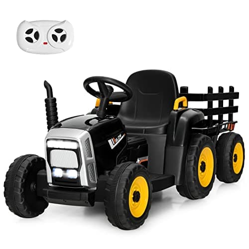 Image of COSTWAY Ride on Tractor and Trailer, 12V Battery Powered Electric Kids Toy Car with Remote Control, LED Lights, USB & Bluetooth Music, Four Wheels Ride on Toys for Children Ages 3+ (Black)