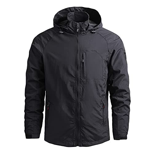 Image of Waterproof Jacket Mens Lightweight Full Zip Windbreaker Outdoor Raincoat Detachable Hooded Softshell Rain Jacket Windproof Military Outerwear for Travelling Camping Running Hiking Black XL