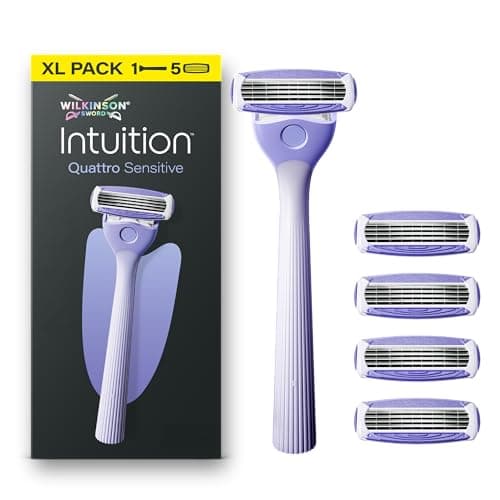Image of Wilkinson Sword Intuition Quattro Sensitive Skin Razors for Women, Starter Pack, Women’s Razor Handle Plus 5 Blade Refills