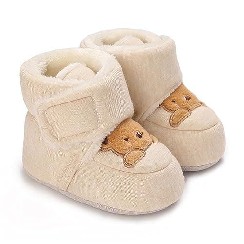Image of RVROVIC Baby Boys Girls Plush Winter Snow Boots Bowknot Anti Slip Warm Fleece Infant Boots Toddler Prewalkers(6-12 Months,Brown Bear)