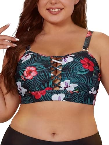 Image of SHEKINI Womens Plus Size Bikini Top Only Bandeau Swim Top Bathing Suit Swimwear for Large Bust Swimsuit Bra with Adjustable Straps& Removable Pads(Flower 01,5XL) Black