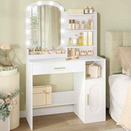Image of HEXCELEN Dressing Table with Oval Mirror, Dressing Table with LED Lights, Adjustable Brightness, Vanity Desk with Drawer, Cabinet and Open Compartments, Modern Bedroom Dresser, White