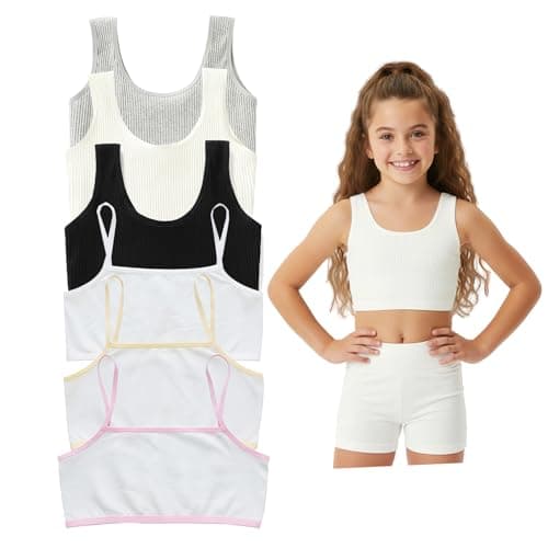 Image of WUDEUI 6 Pack Girls Crop Tops Bras, Soft Cotton Non-Padded Sports Training Bra for Kids Teens Aged 8-12, Comfortable First Bralette Cami Crop Bra