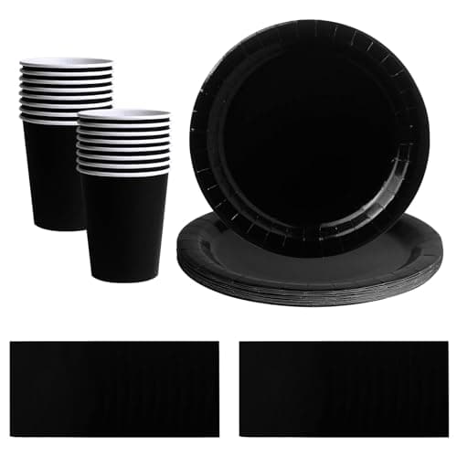 Image of 52pcs Black Disposable Tableware Set - 20 Paper Napkins 16 Cups 16pcs 7inch Paper Plates | Biodegradable Solid Color Black Dinnerware for Birthdays, Weddings, Kids Adult Christmas Party